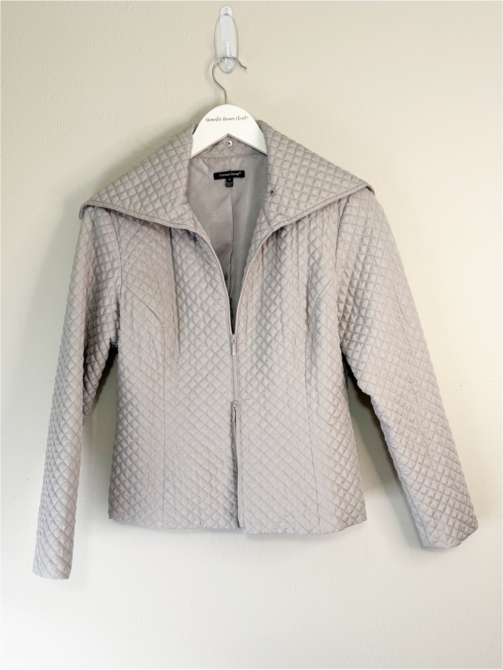 SAMUEL DONG Women’s Gray Quilted Jacket Extended Collar Pockets Double Zip Sz M